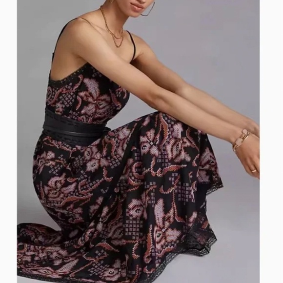 NEW Anthropologie Embroidered Midi Dress - Black/Nude